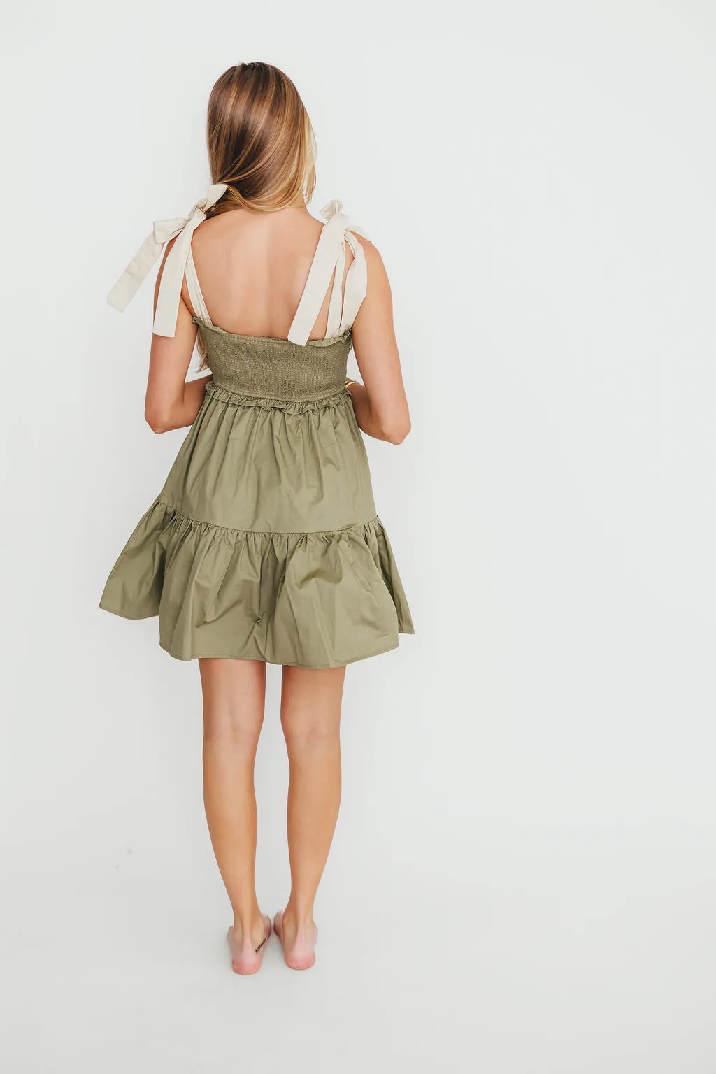 Alexandra 100% Cotton Tie Strap Ruffle Mini Dress in Sage