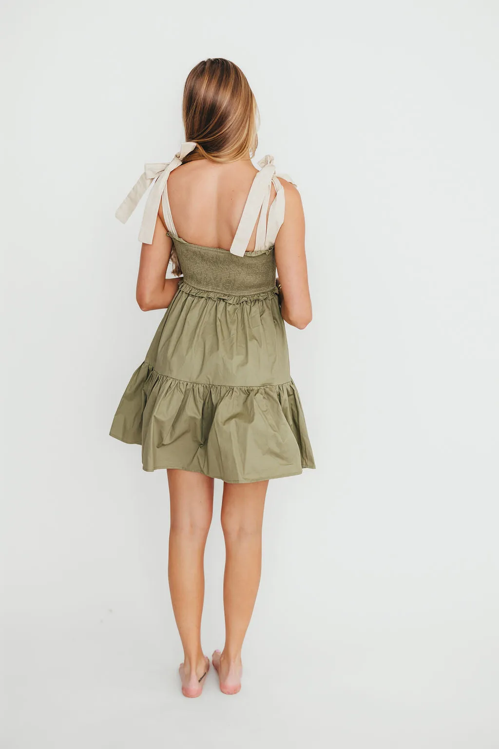 Alexandra 100% Cotton Tie Strap Ruffle Mini Dress in Sage