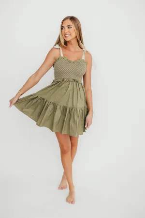 Alexandra 100% Cotton Tie Strap Ruffle Mini Dress in Sage