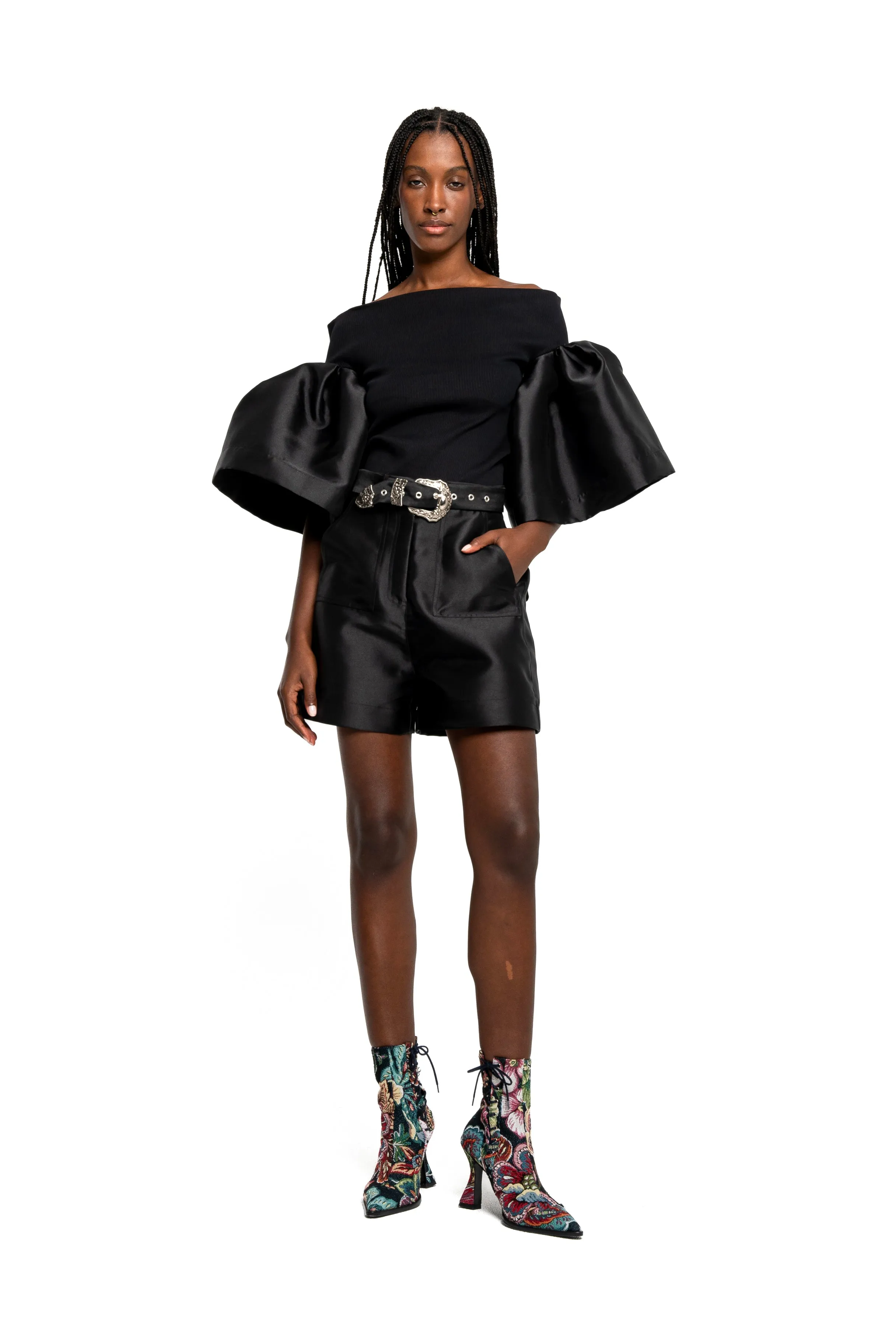 BLACK MIKADO SHORTS WITH BELT