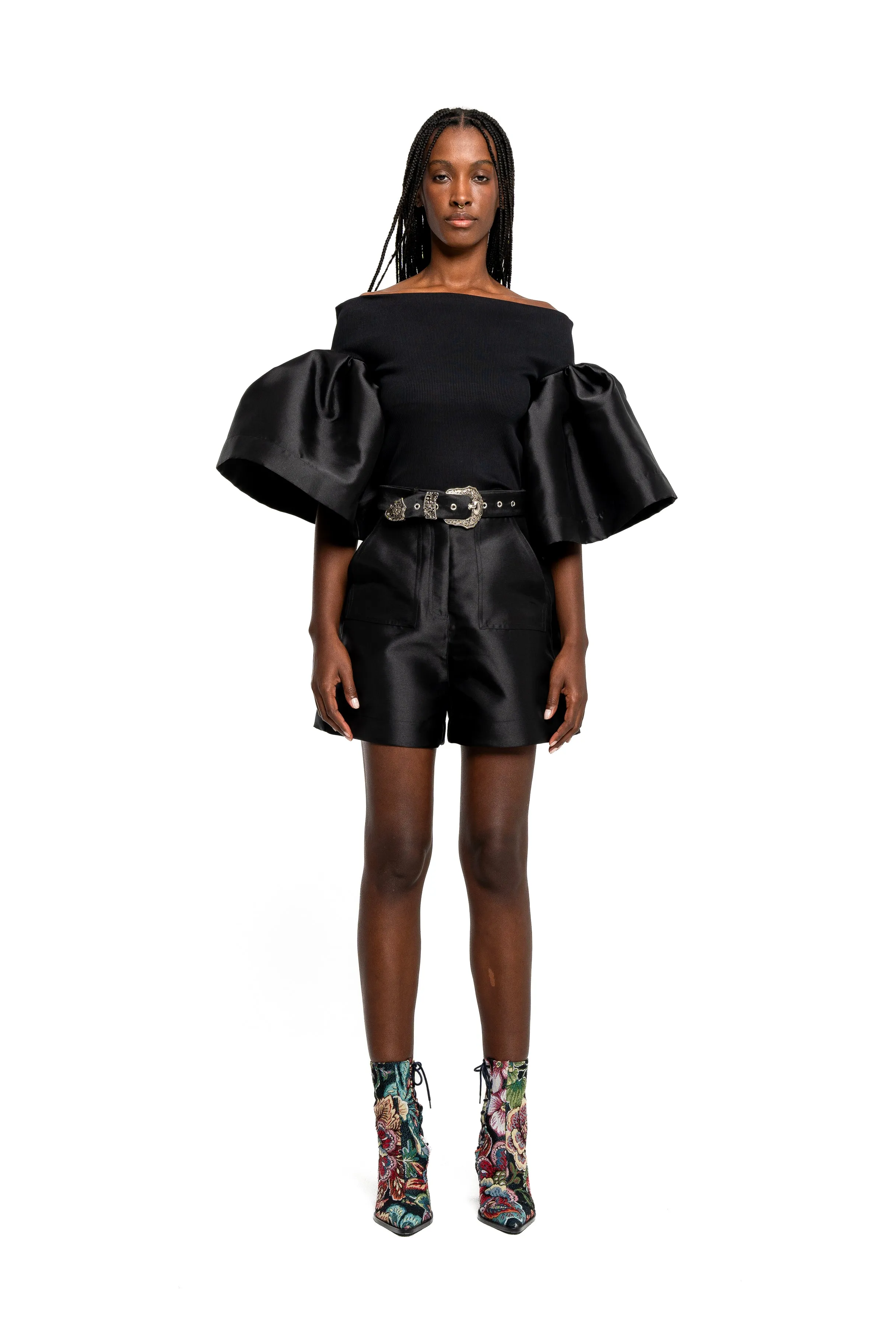 BLACK MIKADO SHORTS WITH BELT