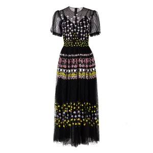 Black Polka Dot Flower Embroidery Princess Sleeve Dress