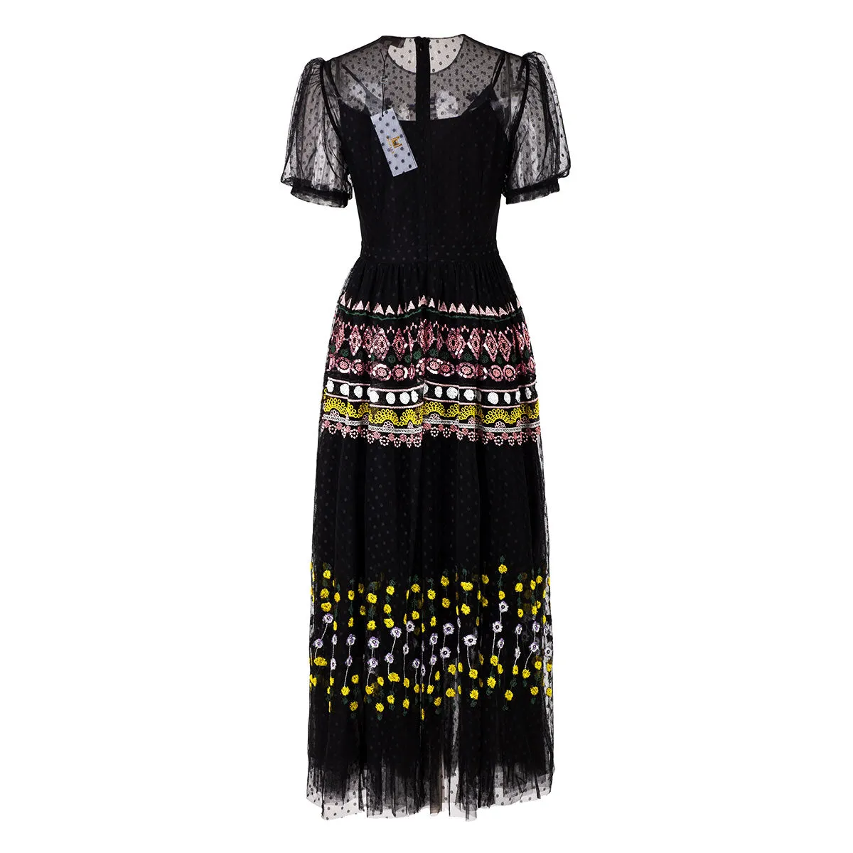Black Polka Dot Flower Embroidery Princess Sleeve Dress