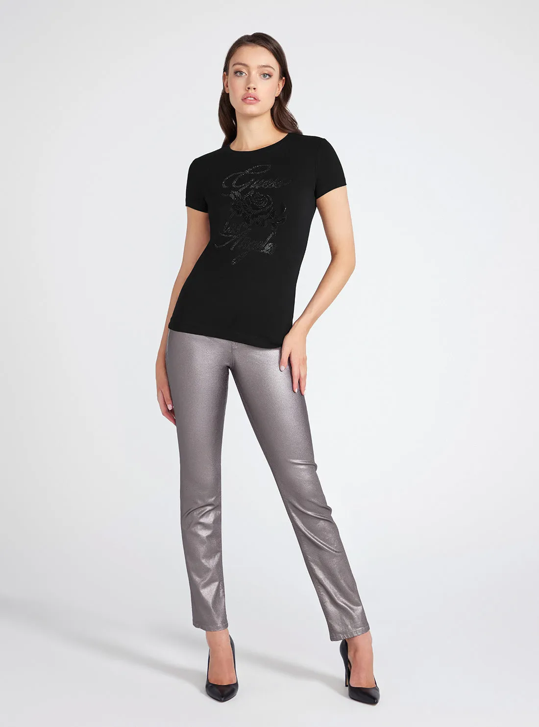 Black Rhinestone Rose Logo T-Shirt