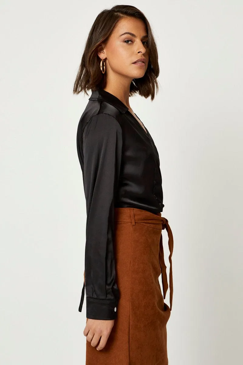 Black Satin Wrap Shirt