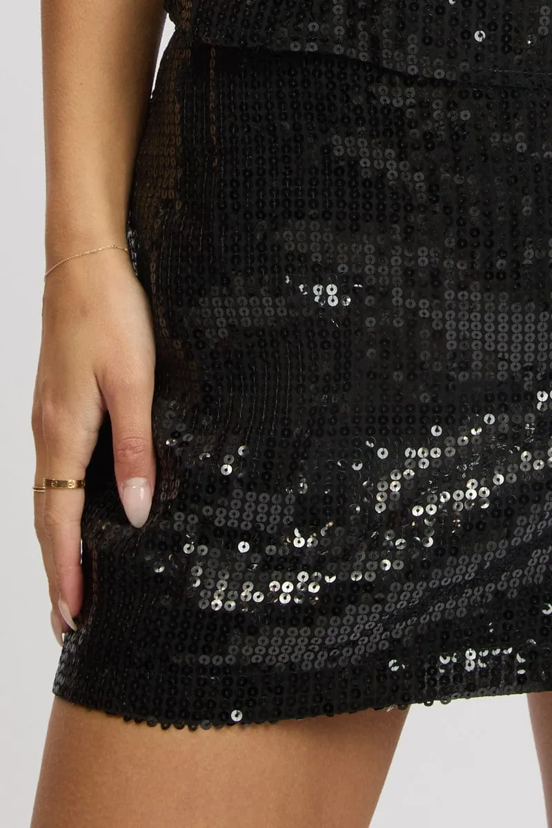 Black Sequins Skirt High Waisted Mini