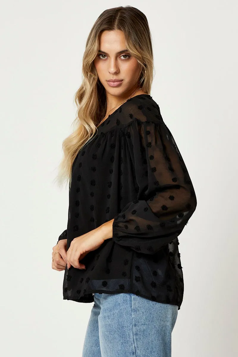 Black Swiss Dot Smock Top