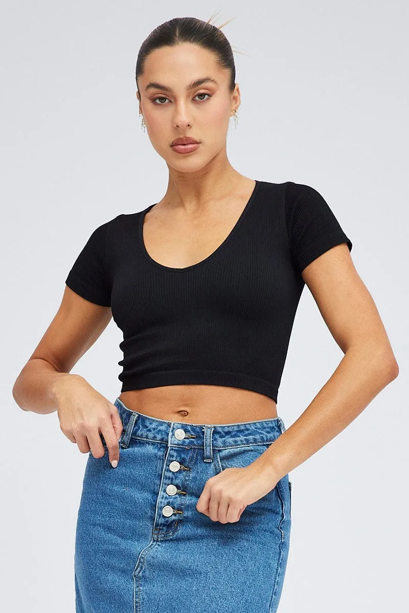 Black T Shirt Short Sleeve V Neck Seamless