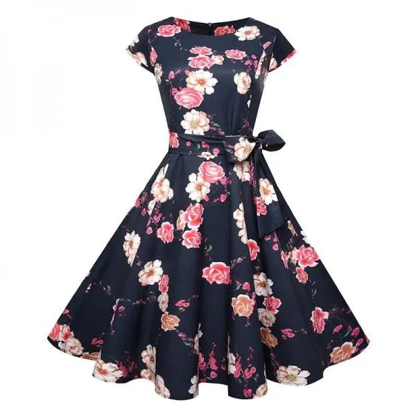 Black White Polka Dot Vintage Dress Floral Print Short Sleeve Retro Robe Rockabilly Dresses Party
