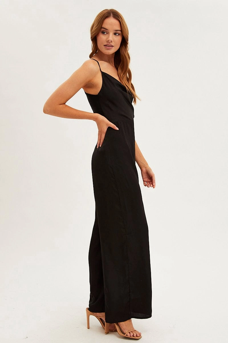 Black Wide Leg Jumpsuit Sleeveless Cowl Neck Satin