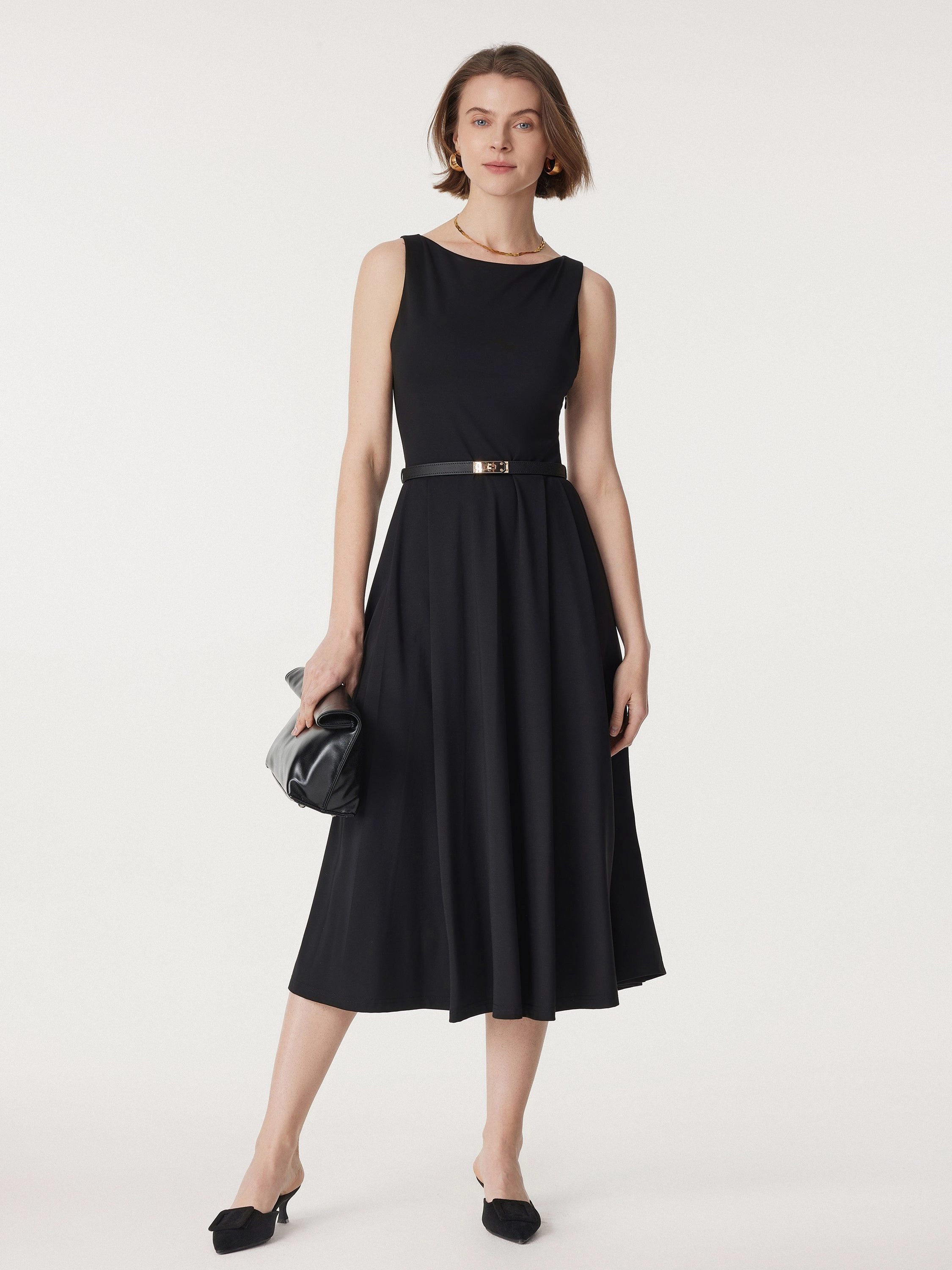 Boatneck Bamboo Ponte Brami Midi Dress with Pockets