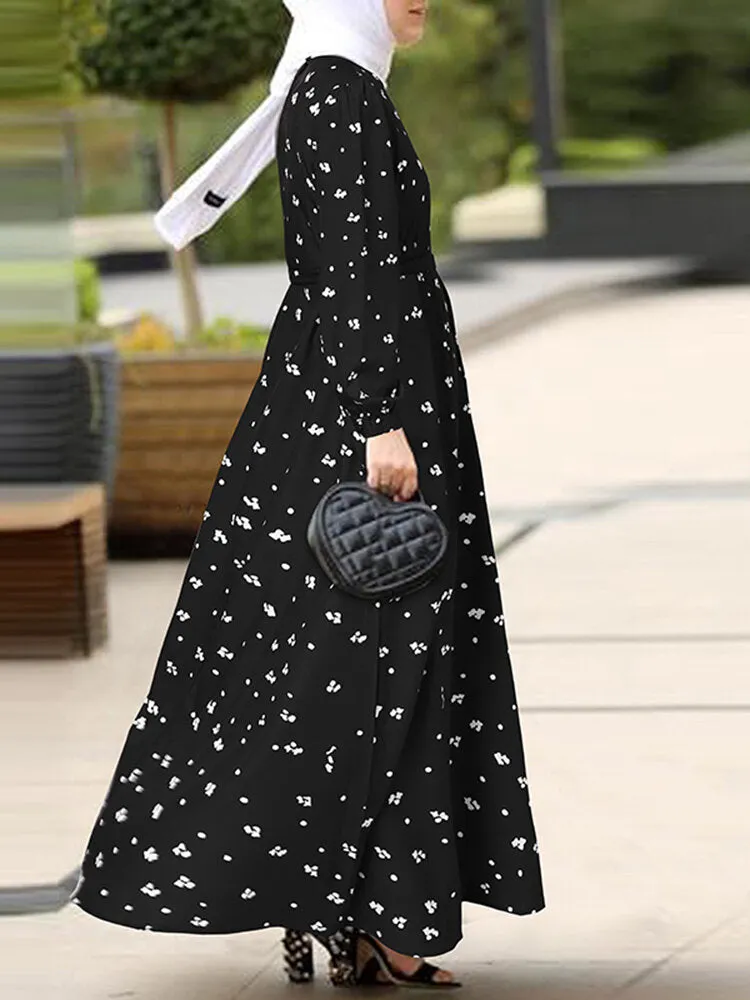 Bohemian Floral Print O-neck Lace Up Long Sleeve Button Belted Women Maxi Dress