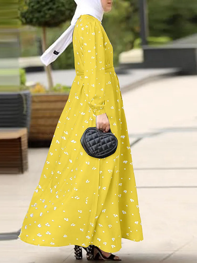 Bohemian Floral Print O-neck Lace Up Long Sleeve Button Belted Women Maxi Dress