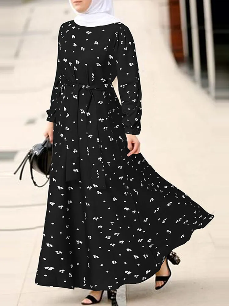 Bohemian Floral Print O-neck Lace Up Long Sleeve Button Belted Women Maxi Dress