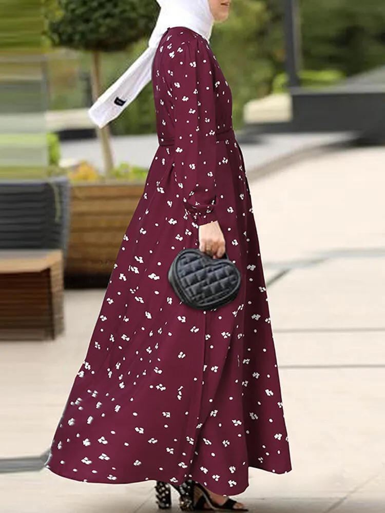 Bohemian Floral Print O-neck Lace Up Long Sleeve Button Belted Women Maxi Dress