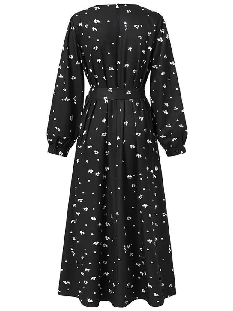 Bohemian Floral Print O-neck Lace Up Long Sleeve Button Belted Women Maxi Dress