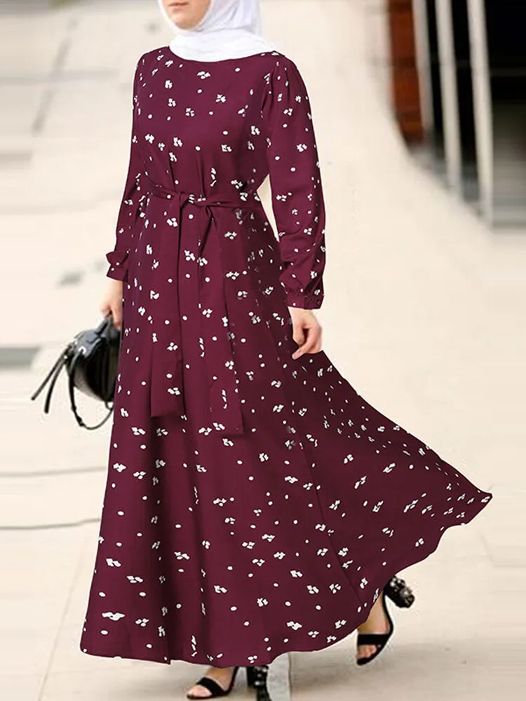 Bohemian Floral Print O-neck Lace Up Long Sleeve Button Belted Women Maxi Dress