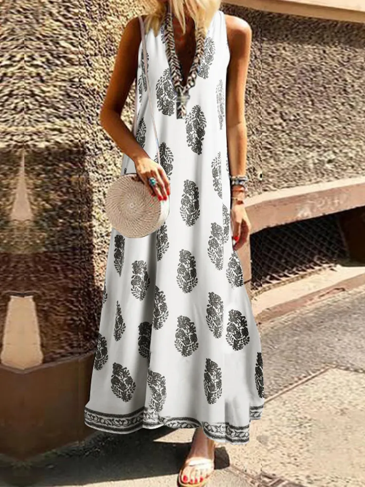 Bohemian Women V Neck Floral Print Sleeveless Maxi Dress