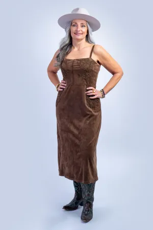 Brown Suede Embroidered Midi Dress