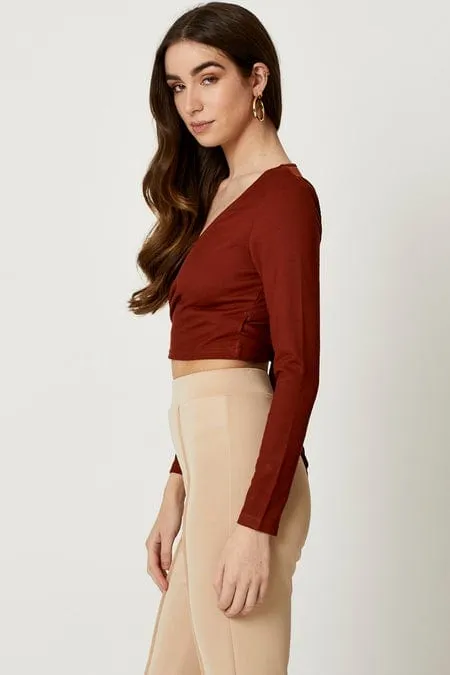 Brown Wrap Top Long Sleeve