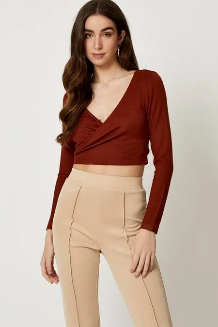 Brown Wrap Top Long Sleeve