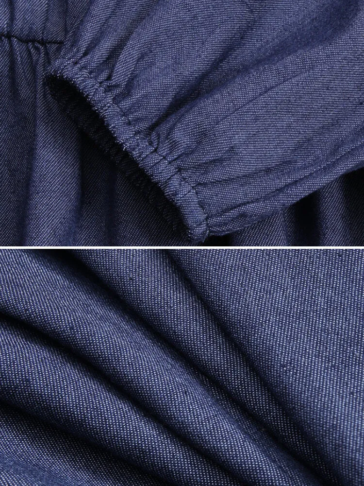 Button Down Front Elastic Waist Pure Color Layered Women Maxi Dress