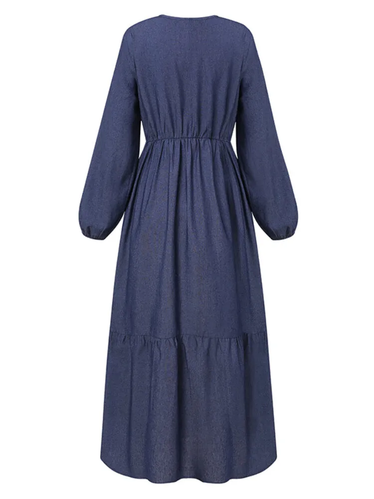 Button Down Front Elastic Waist Pure Color Layered Women Maxi Dress