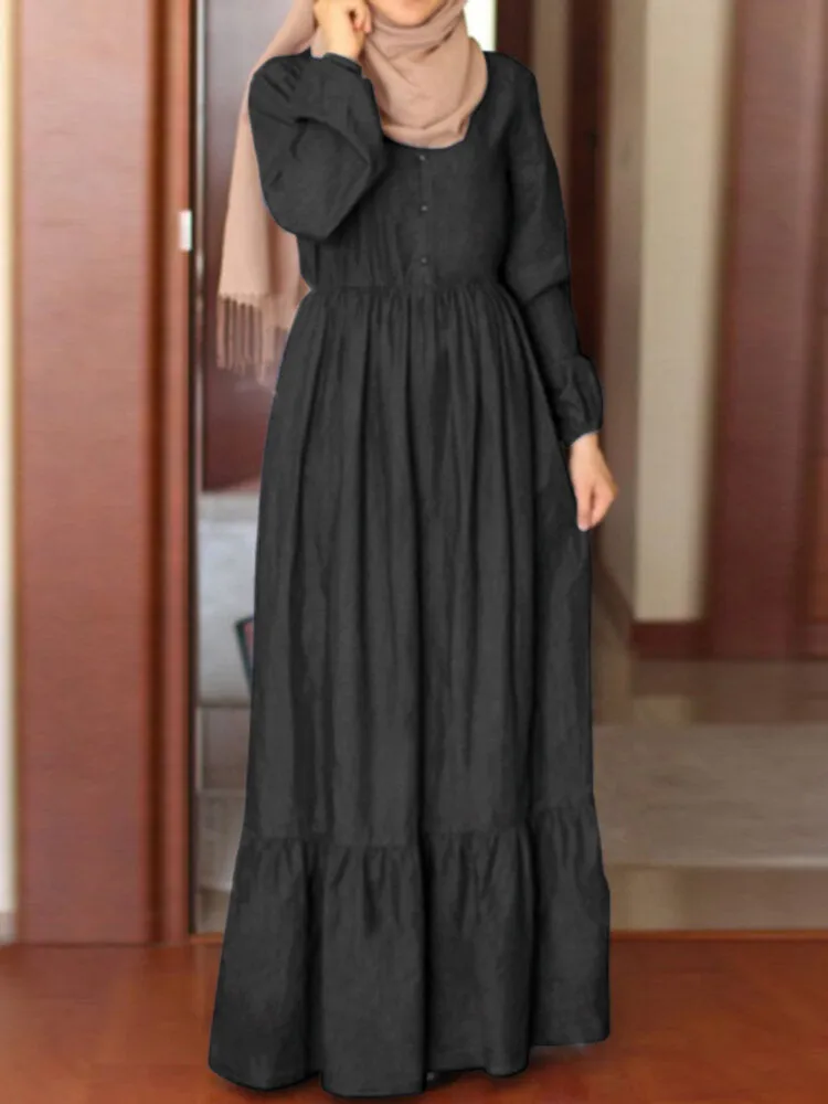 Button Down Front Elastic Waist Pure Color Layered Women Maxi Dress