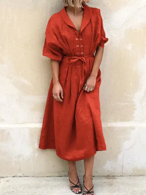Casual Lapel Corn-strap Lantern Sleeve Mustard Yellow Women Maxi Dress