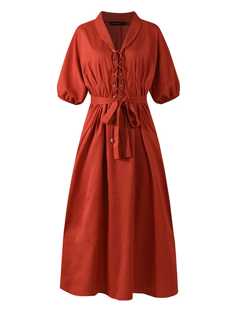 Casual Lapel Corn-strap Lantern Sleeve Mustard Yellow Women Maxi Dress