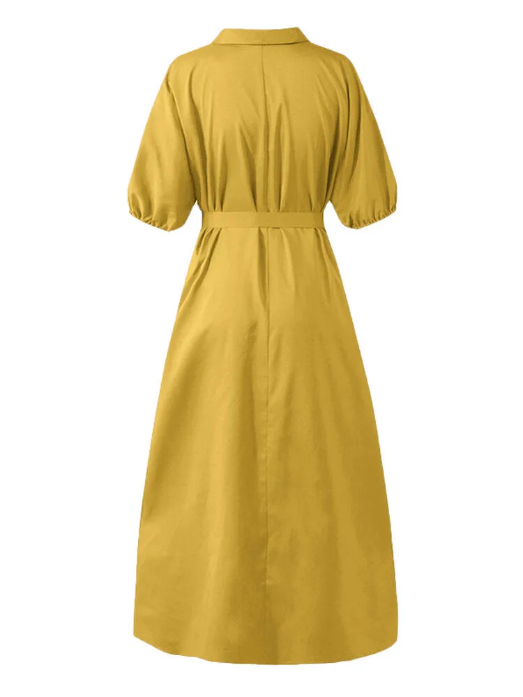 Casual Lapel Corn-strap Lantern Sleeve Mustard Yellow Women Maxi Dress