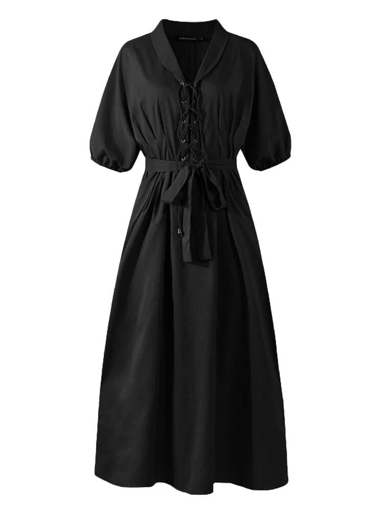 Casual Lapel Corn-strap Lantern Sleeve Mustard Yellow Women Maxi Dress