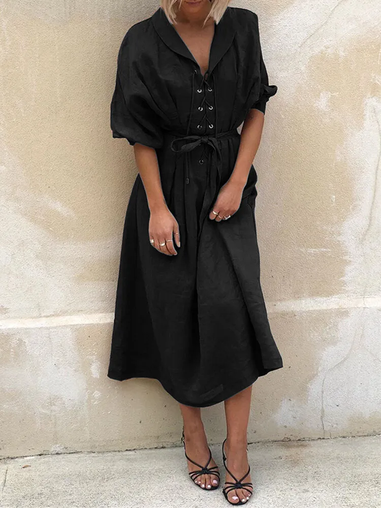 Casual Lapel Corn-strap Lantern Sleeve Mustard Yellow Women Maxi Dress