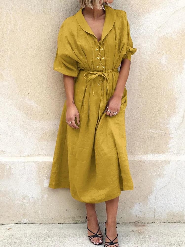 Casual Lapel Corn-strap Lantern Sleeve Mustard Yellow Women Maxi Dress