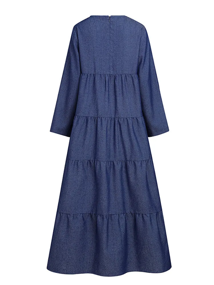 Casual Layered Pleats Denim Loose Muslim Pockets Women Maxi Dress