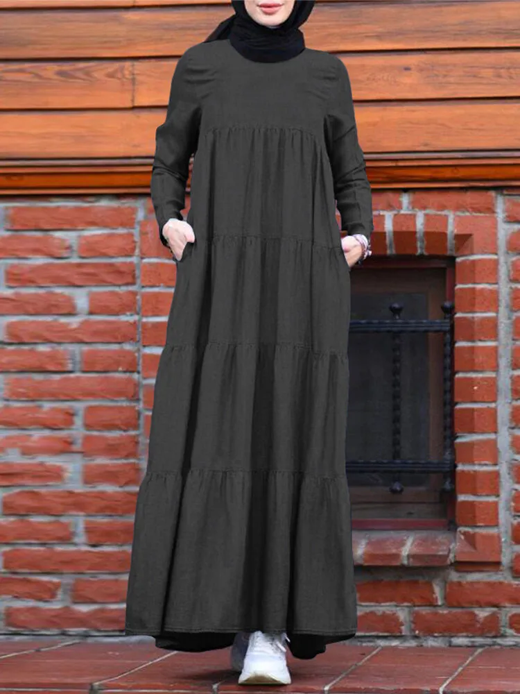 Casual Layered Pleats Denim Loose Muslim Pockets Women Maxi Dress