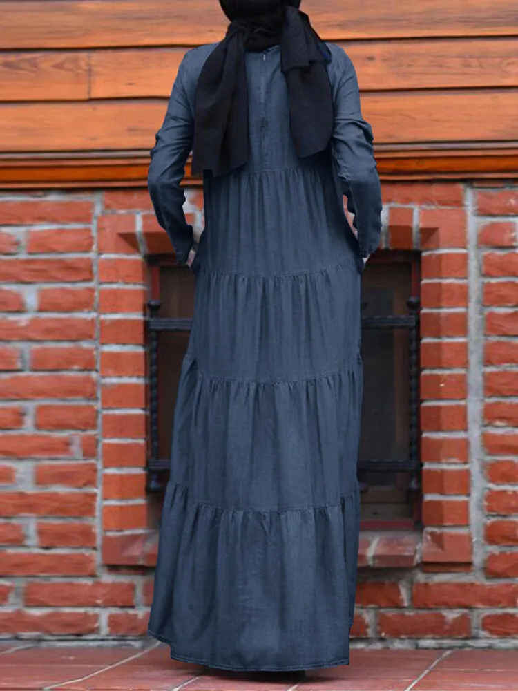 Casual Layered Pleats Denim Loose Muslim Pockets Women Maxi Dress
