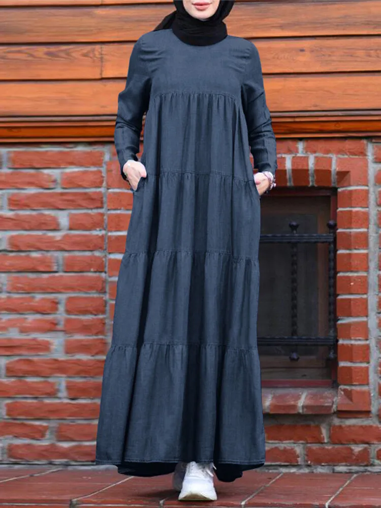 Casual Layered Pleats Denim Loose Muslim Pockets Women Maxi Dress