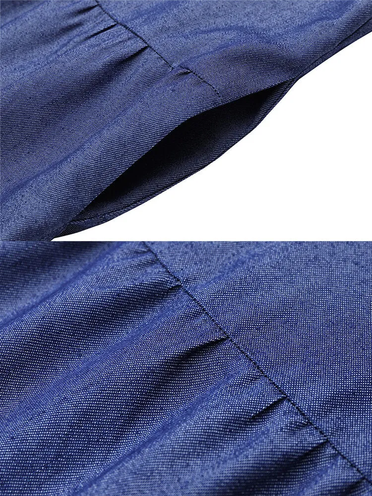 Casual Layered Pleats Denim Loose Muslim Pockets Women Maxi Dress