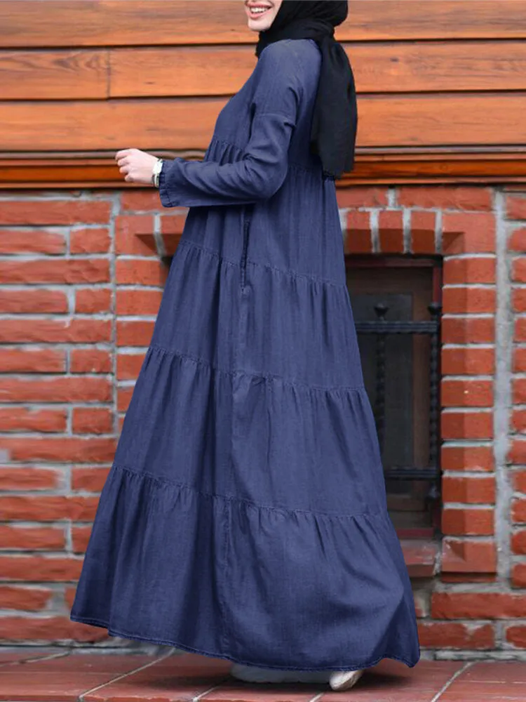 Casual Layered Pleats Denim Loose Muslim Pockets Women Maxi Dress