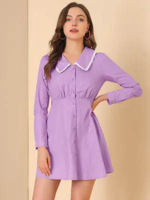 Casual Peter Pan Collar Long Sleeve Cotton Button Front Shirt Dress