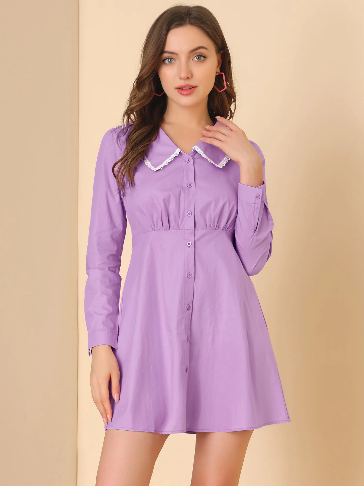 Casual Peter Pan Collar Long Sleeve Cotton Button Front Shirt Dress