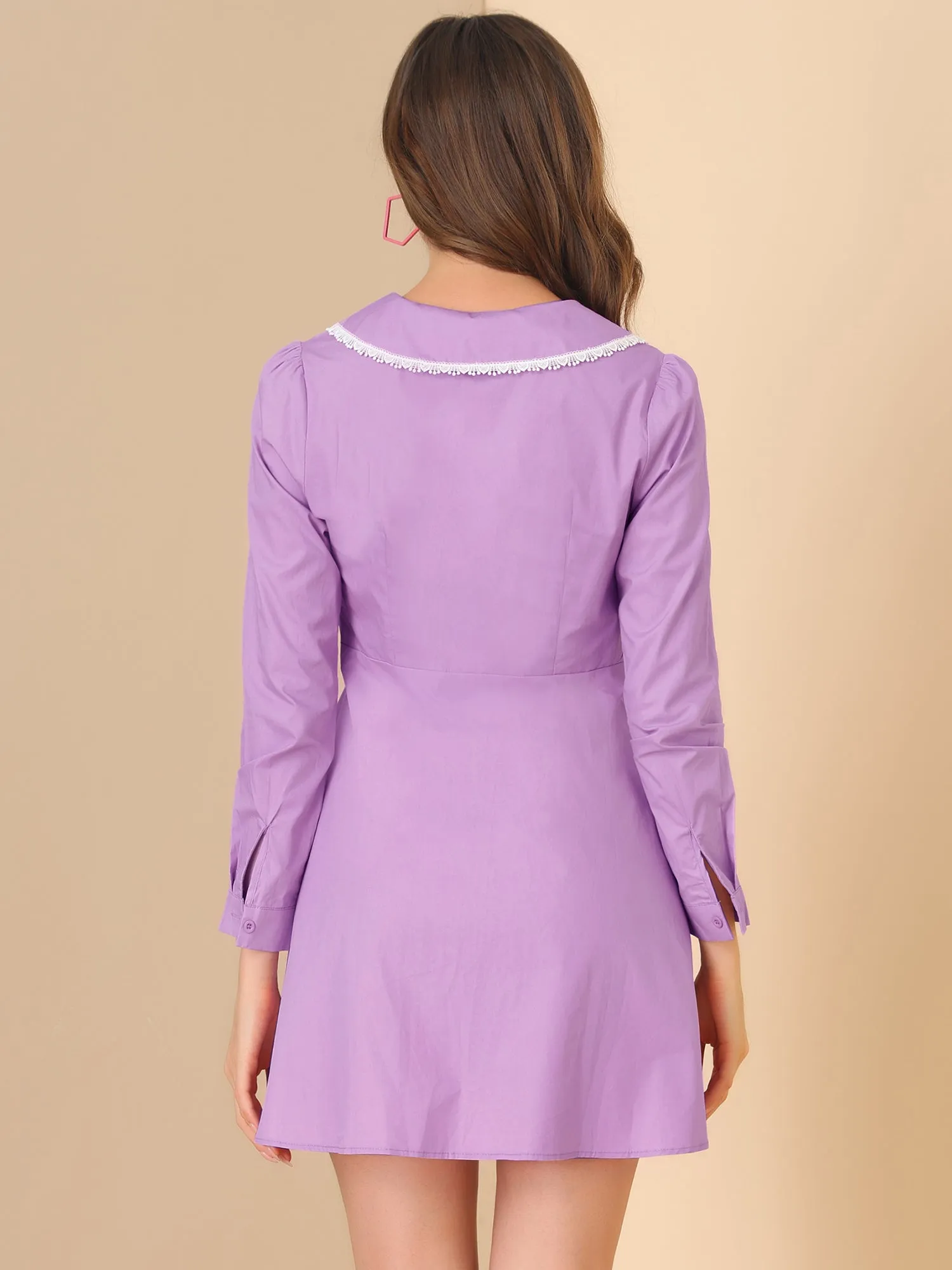 Casual Peter Pan Collar Long Sleeve Cotton Button Front Shirt Dress
