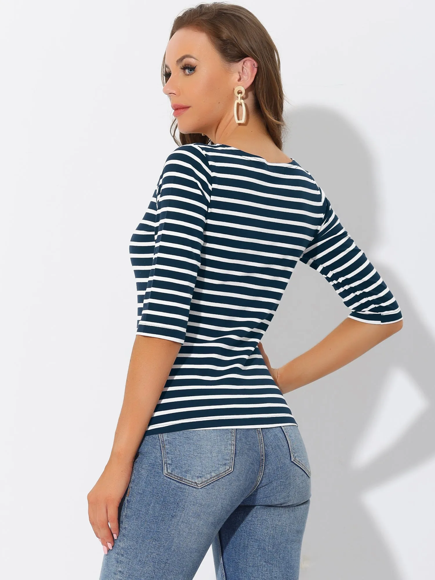 Casual Striped 3/4 Sleeve Basic Boat Neck T-shirt