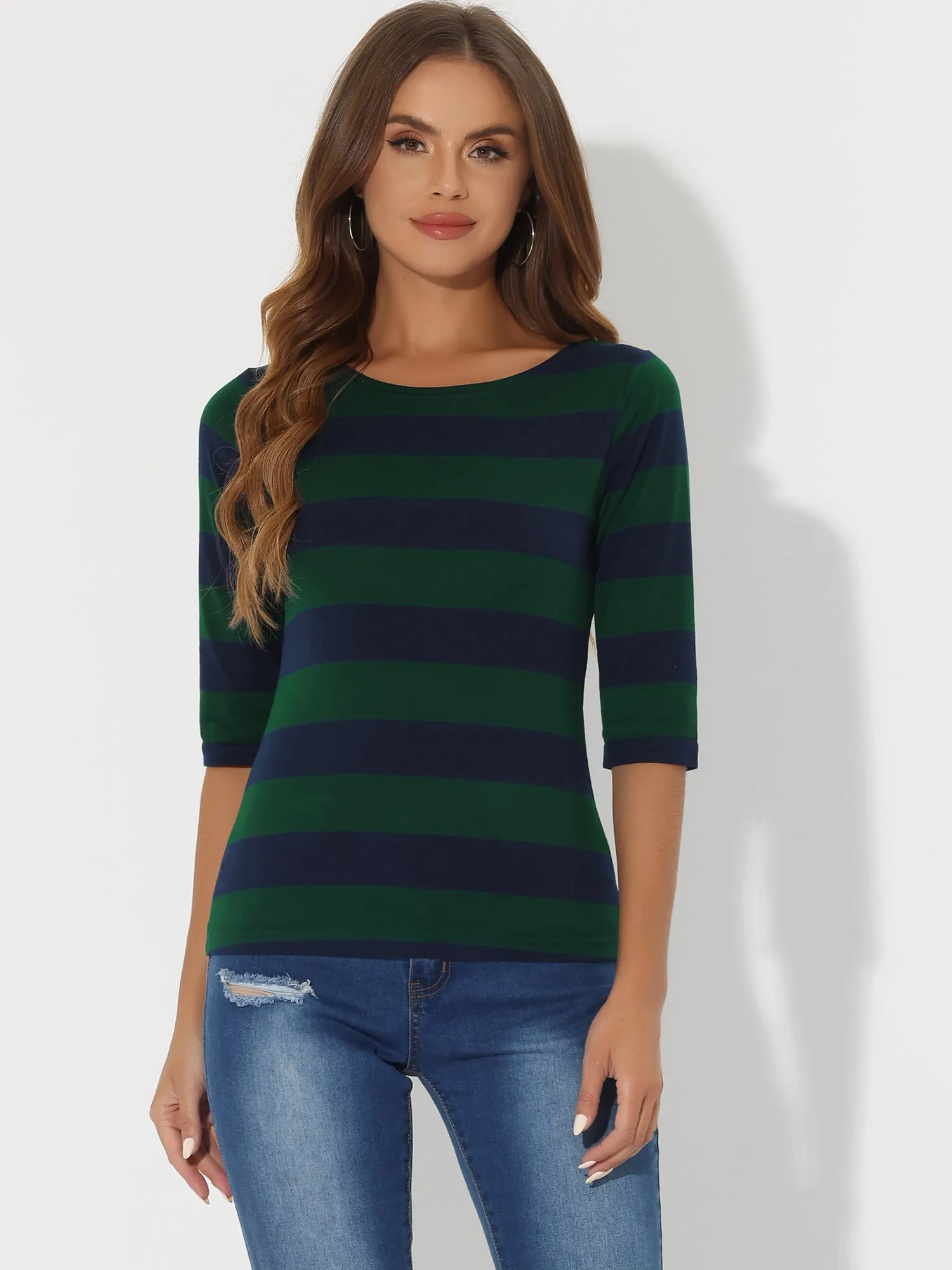 Casual Striped 3/4 Sleeve Basic Boat Neck T-shirt