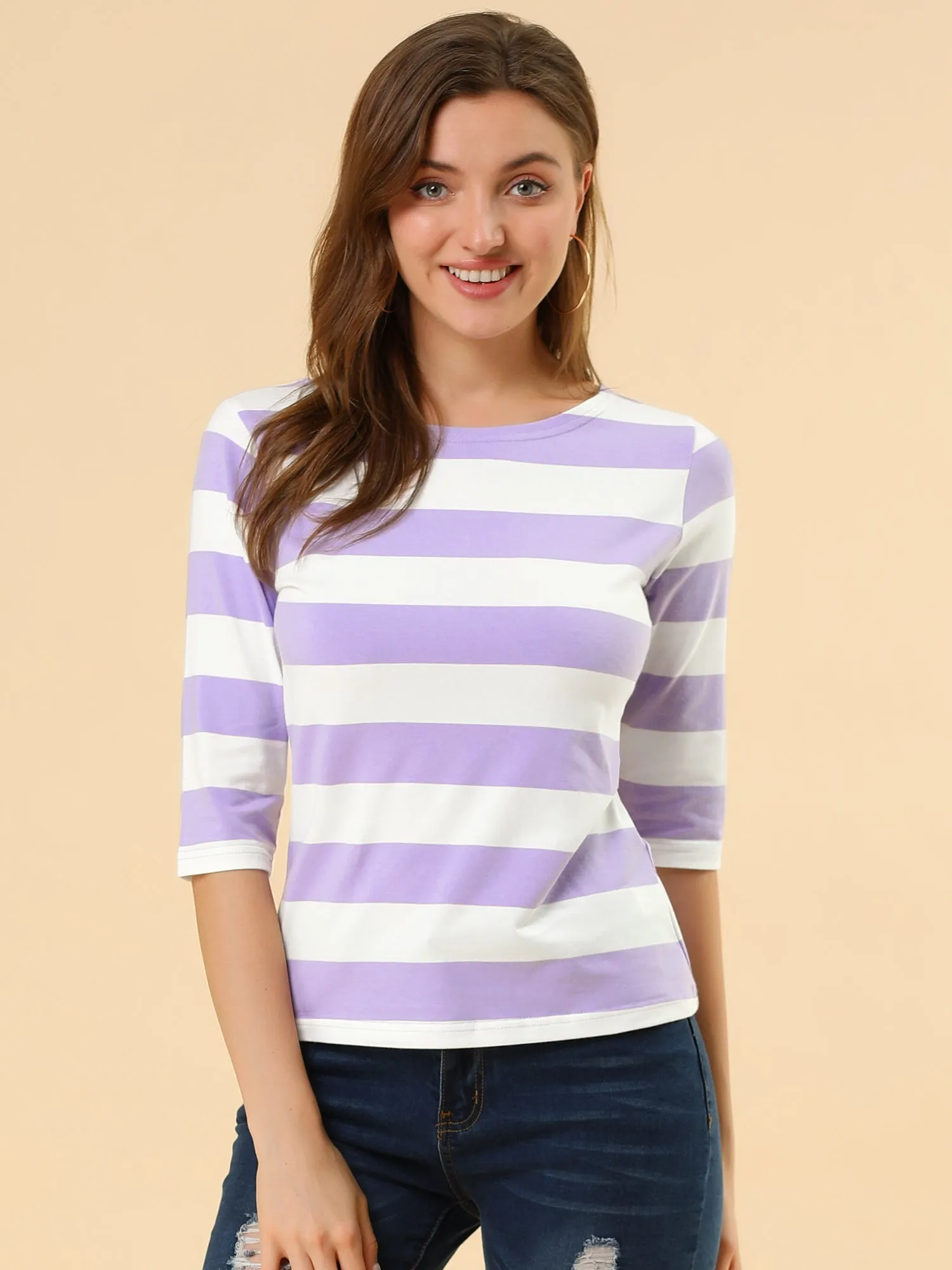 Casual Striped 3/4 Sleeve Basic Boat Neck T-shirt
