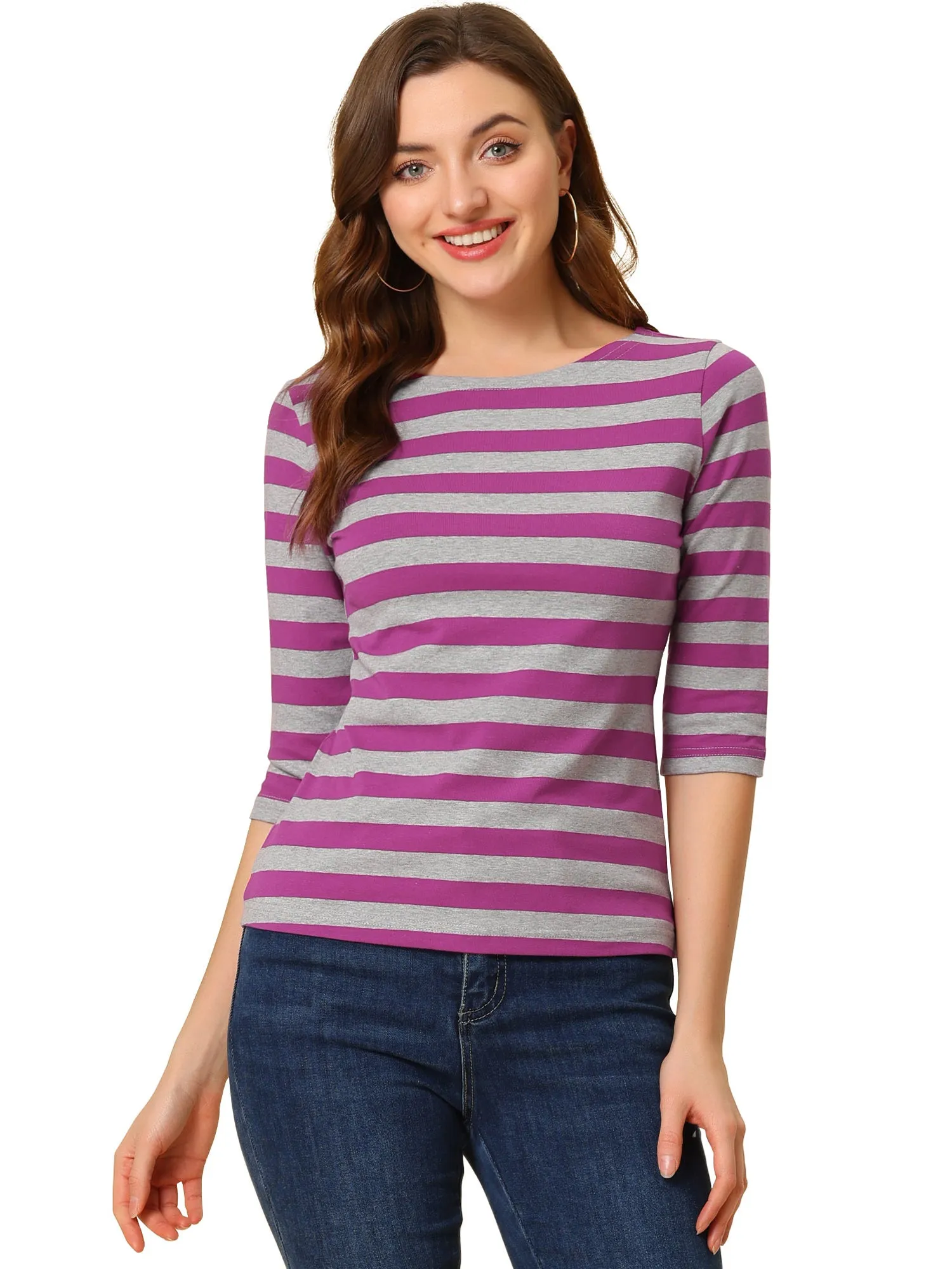 Casual Striped 3/4 Sleeve Basic Boat Neck T-shirt