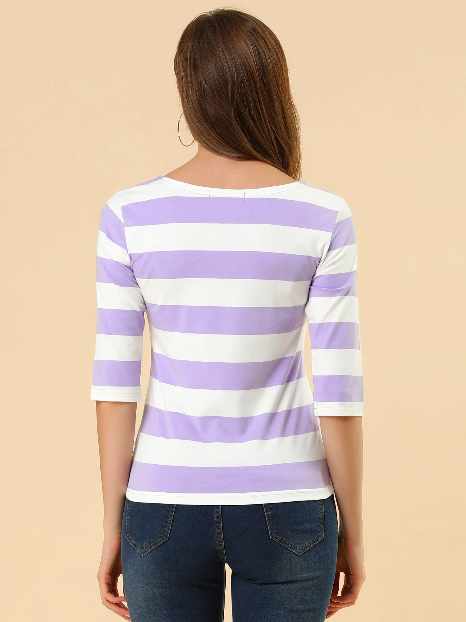 Casual Striped 3/4 Sleeve Basic Boat Neck T-shirt