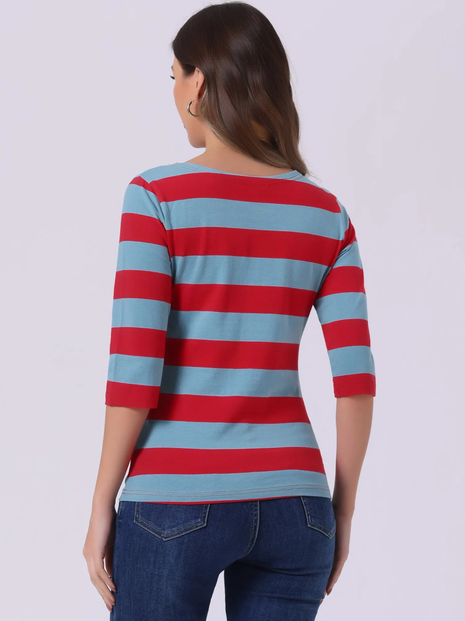 Casual Striped 3/4 Sleeve Basic Boat Neck T-shirt