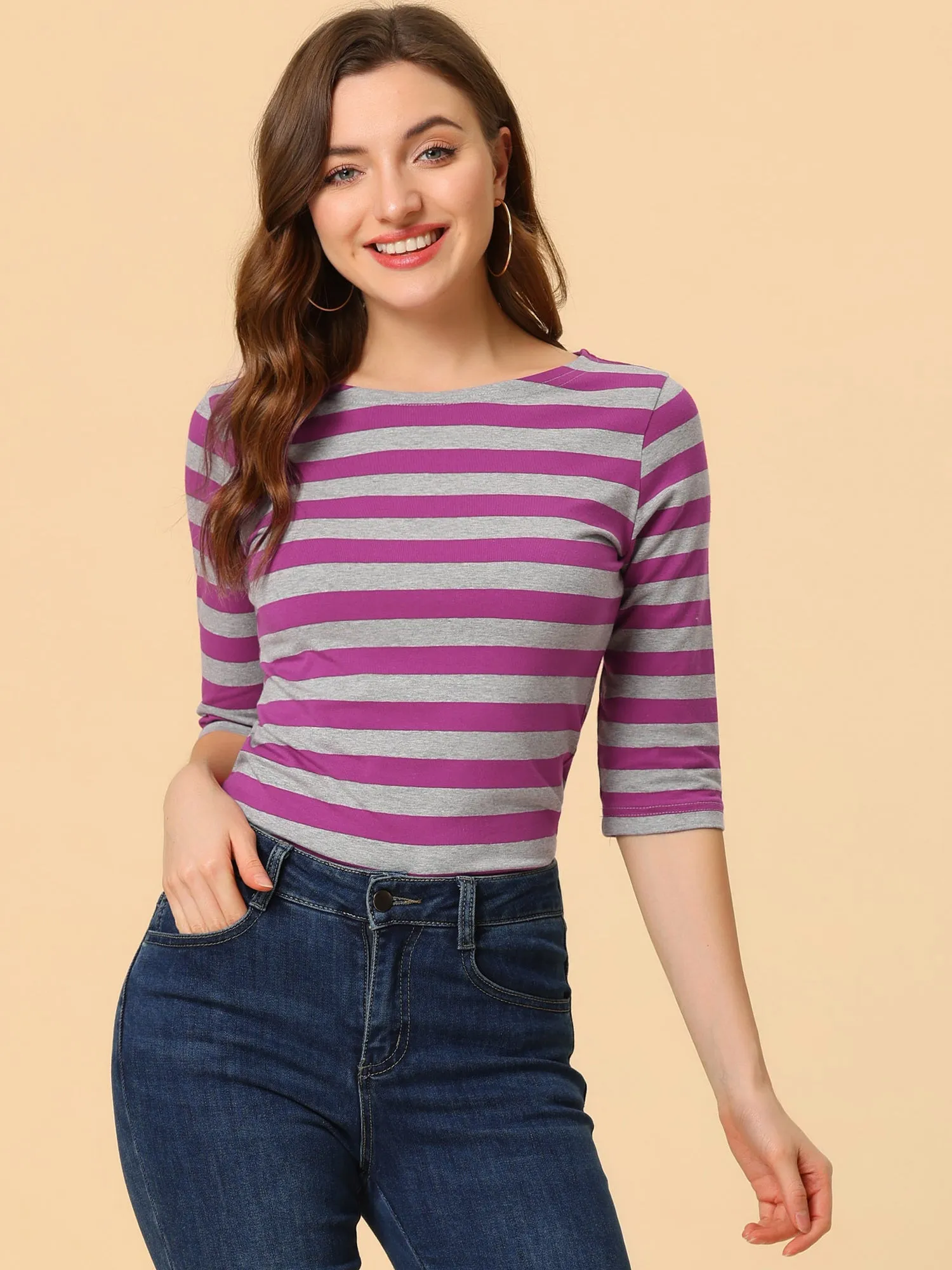 Casual Striped 3/4 Sleeve Basic Boat Neck T-shirt